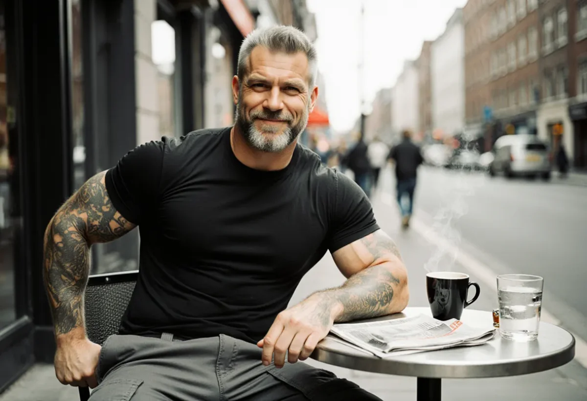 Cafe terrace portrait — Cafe terrace portrait. Natural photographic detail, balanced composition, expressive light and clear subject separation. Create a new interpretation…