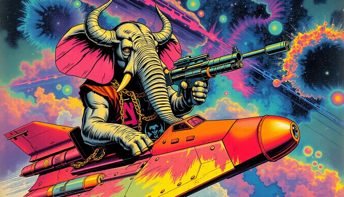 Space elephant on a rocket — Space elephant on a rocket. Expressive illustration, harmonious colors, a clear focal point and carefully arranged details. Create a new…