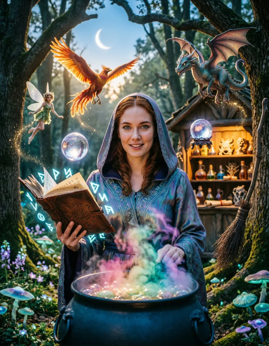 Forest alchemist with a bubbling cauldron — Forest alchemist with a bubbling cauldron. Expressive illustration, harmonious colors, a clear focal point and carefully arranged…
