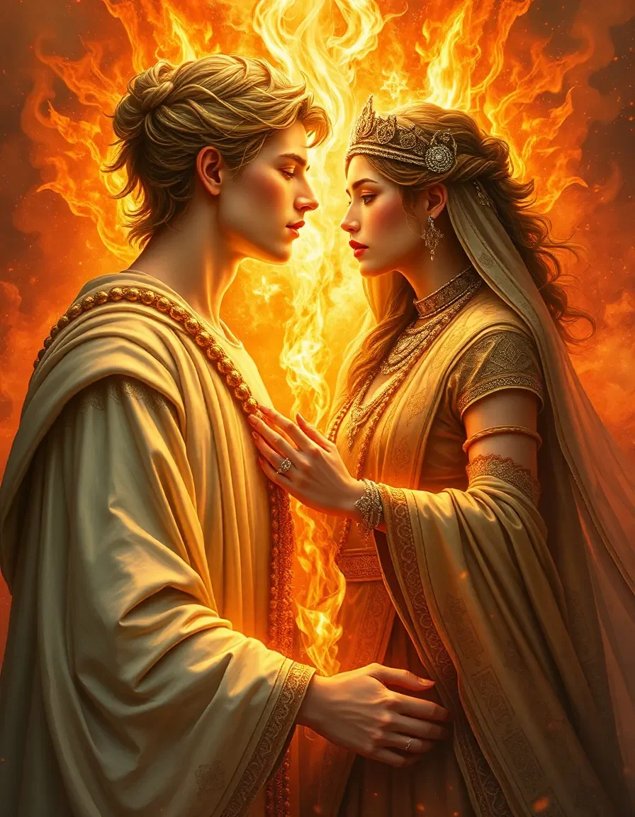 Golden couple surrounded by flames — Golden couple surrounded by flames. Expressive illustration, harmonious colors, a clear focal point and carefully arranged details. Create a…
