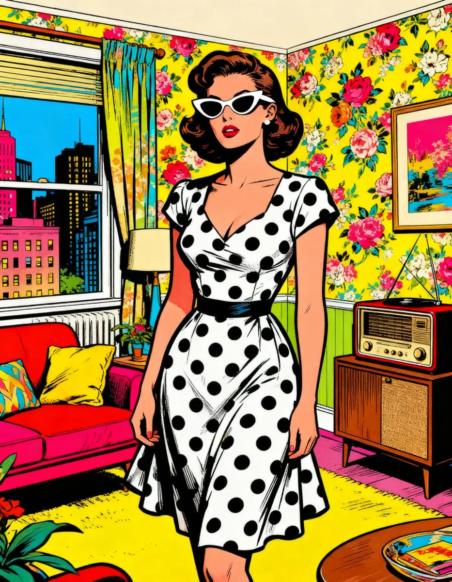 Polka dot dress pop art — Polka dot dress pop art. Expressive illustration, harmonious colors, a clear focal point and carefully arranged details. Create a new interpretation…