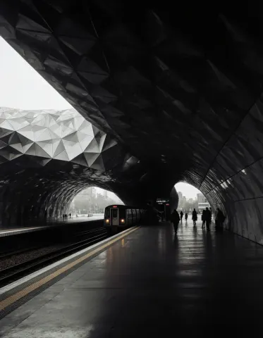 Faceted underground station — Faceted underground station. An atmospheric environment with layered depth, coherent lighting and rich environmental detail. Create a new…