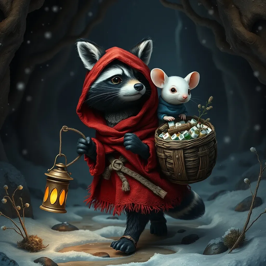Hooded raccoon carrying a mouse — Hooded raccoon carrying a mouse. An imaginative character study with distinctive materials, expressive posture and cinematic lighting. Create a…