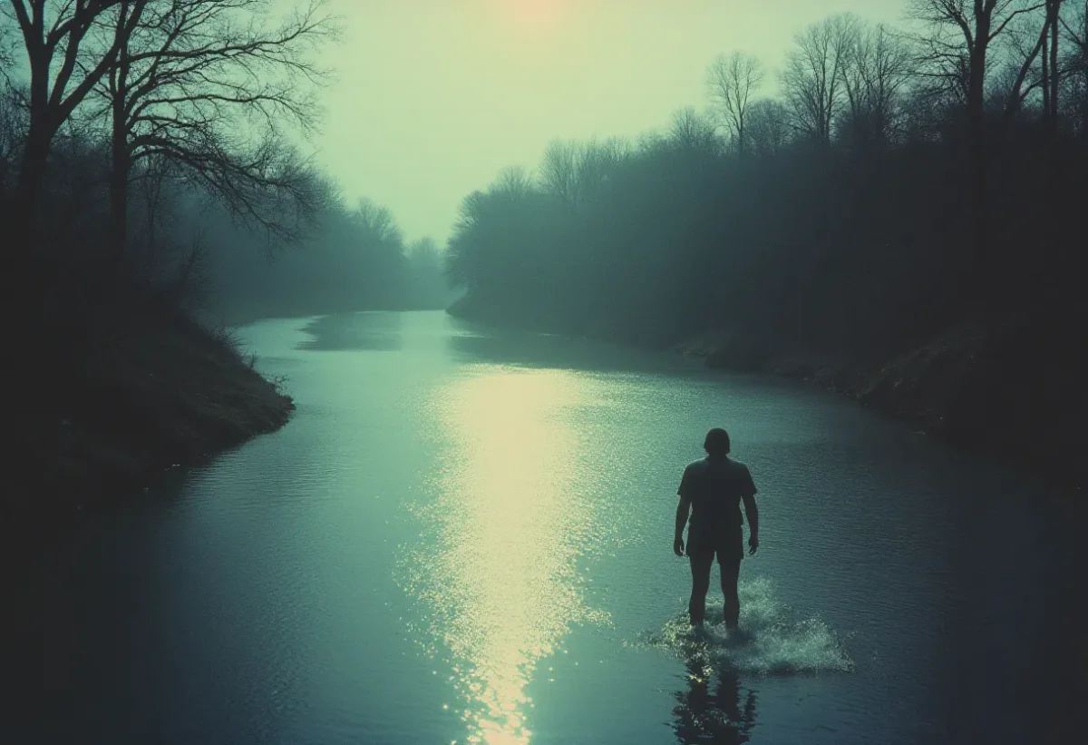 Lone figure in a misty river — Lone figure in a misty river. An atmospheric environment with layered depth, coherent lighting and rich environmental detail. Create a new…