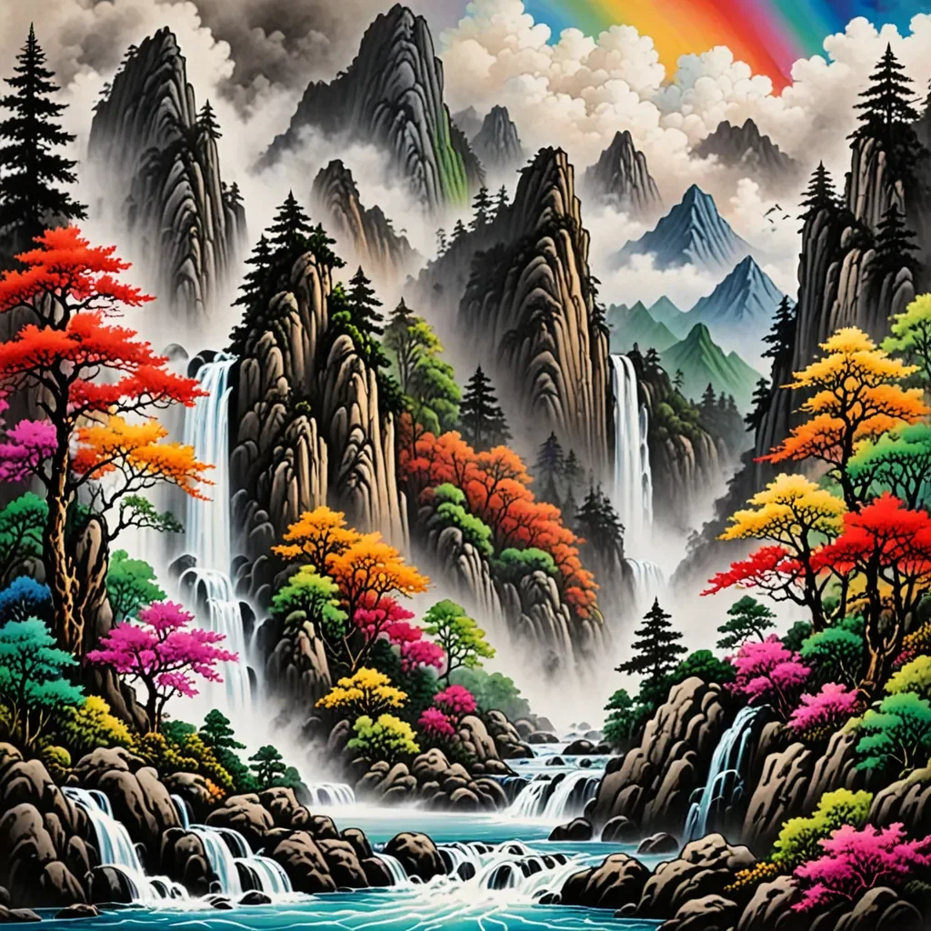 Colorful mountain waterfall illustration — Colorful mountain waterfall illustration. An atmospheric environment with layered depth, coherent lighting and rich environmental…