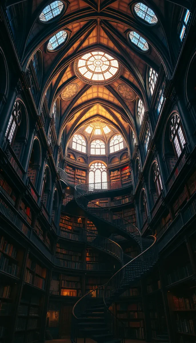 Vaulted library glowing at dusk — Vaulted library glowing at dusk. An atmospheric environment with layered depth, coherent lighting and rich environmental detail. Create a new…