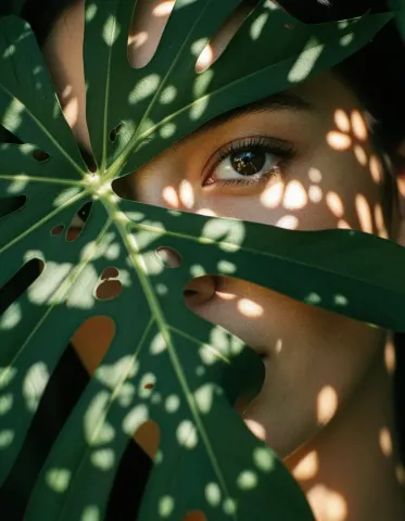 Monstera shadows — One eye peeking through a split green monstera leaf, dappled sunlight across the face, botanical portrait.