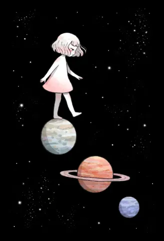 Walking on planets — A tiny illustrated girl balancing on miniature planets in a black star field, simple pale pink dress and whimsical mood.