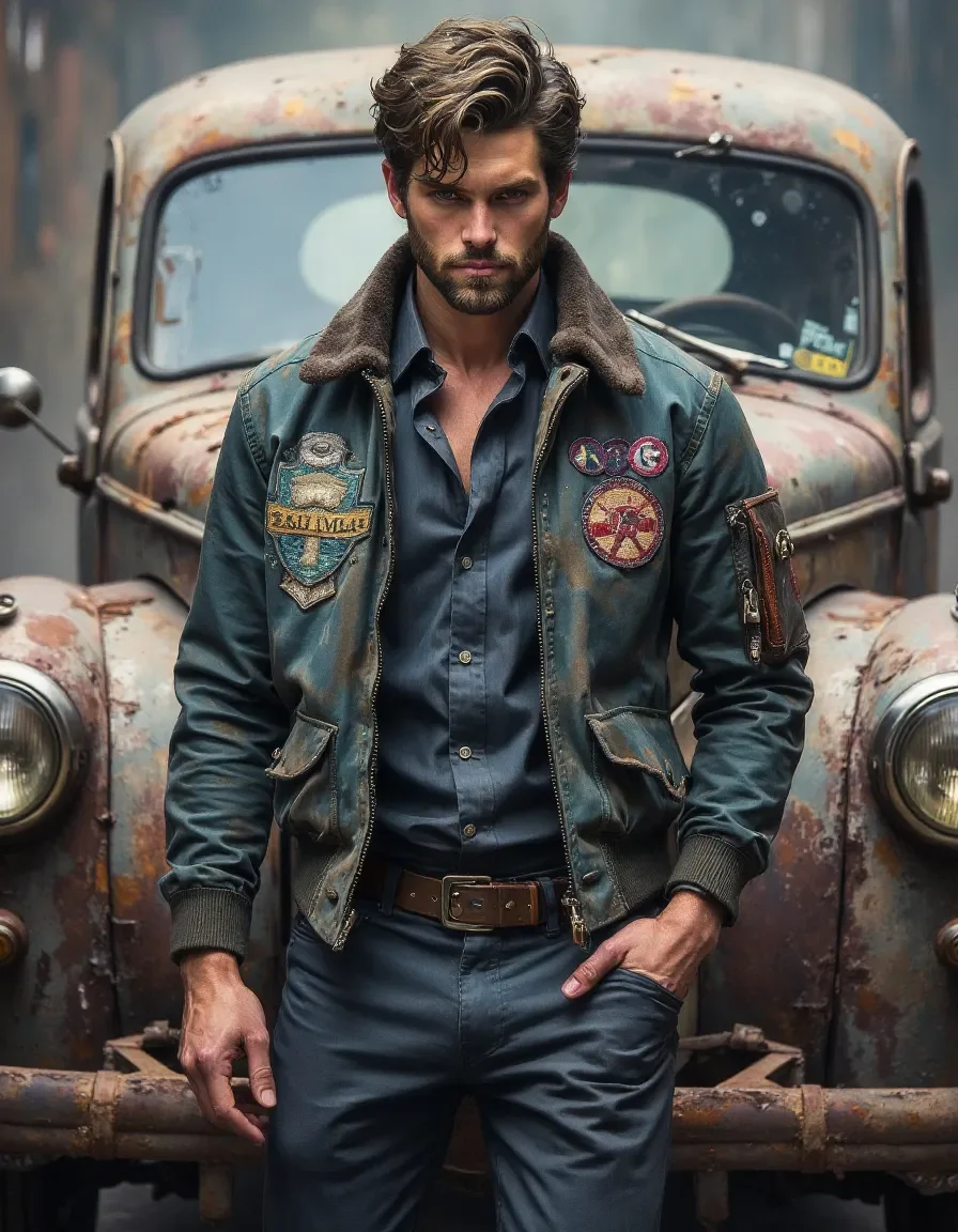 Rugged portrait beside an old truck — Rugged portrait beside an old truck. Natural photographic detail, balanced composition, expressive light and clear subject separation.…