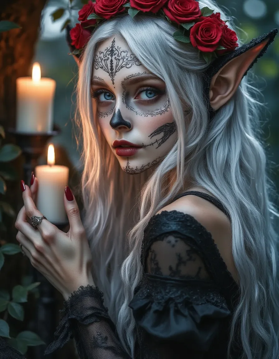 Silver haired elf with rose crown — Silver haired elf with rose crown. An imaginative character study with distinctive materials, expressive posture and cinematic lighting.…
