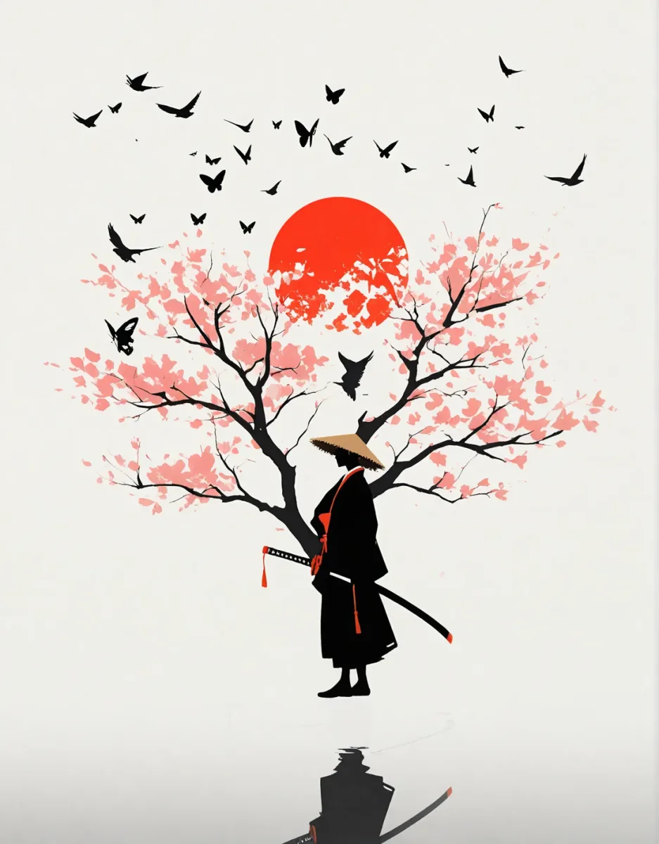 Samurai silhouette and cherry blossom — Samurai silhouette and cherry blossom. Expressive illustration, harmonious colors, a clear focal point and carefully arranged details.…