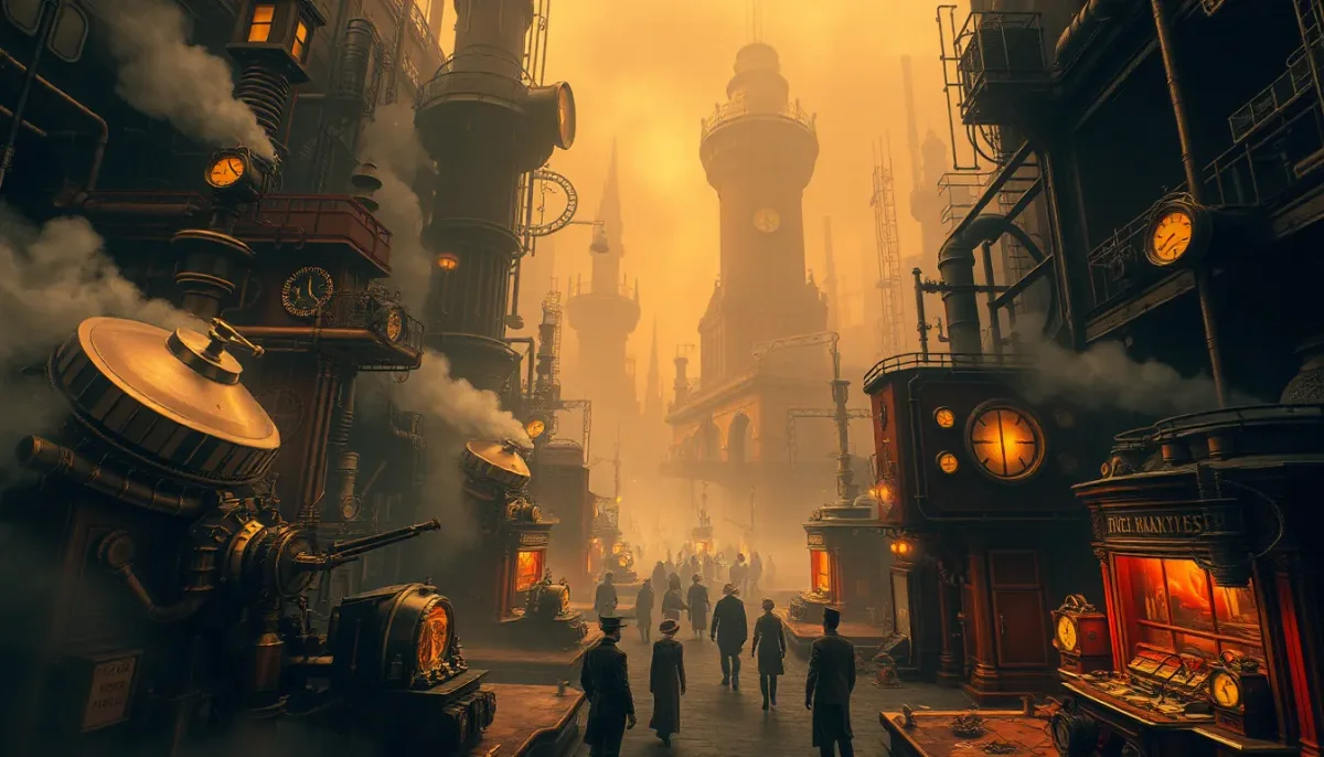 Golden steam powered city — Golden steam powered city. An atmospheric environment with layered depth, coherent lighting and rich environmental detail. Create a new…