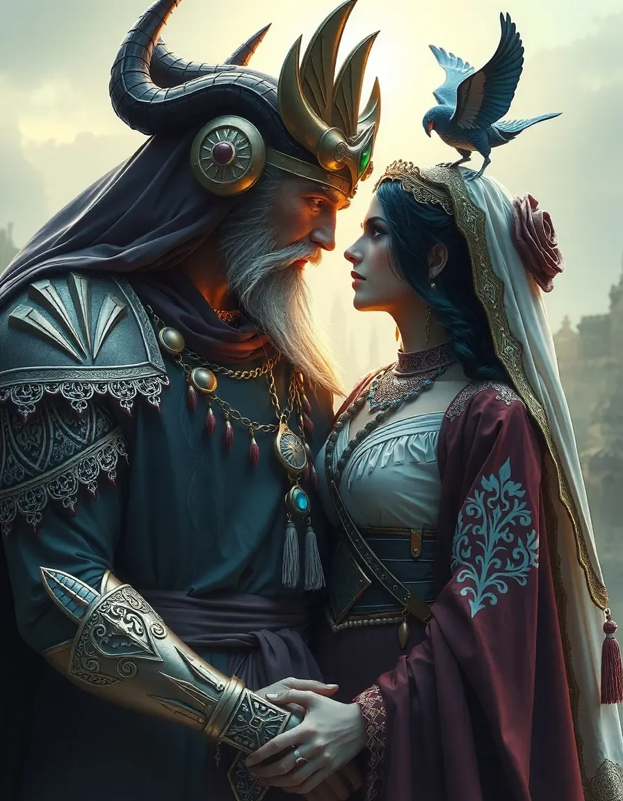 Fantasy royal couple with horns — Fantasy royal couple with horns. Expressive illustration, harmonious colors, a clear focal point and carefully arranged details. Create a new…