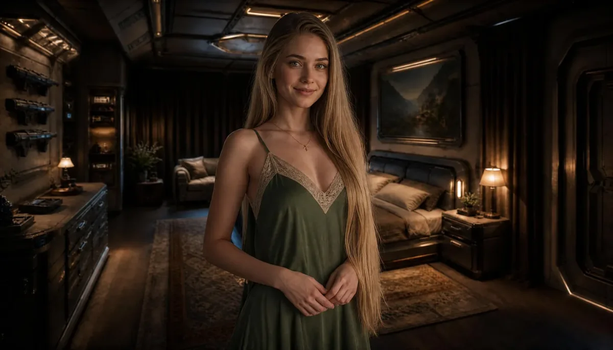 Green gown in a wood paneled room — Green gown in a wood paneled room. Natural photographic detail, balanced composition, expressive light and clear subject separation. Create a…