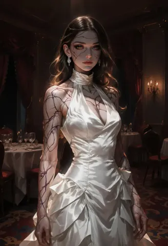 White gown in a shadowy hall — White gown in a shadowy hall. Expressive illustration, harmonious colors, a clear focal point and carefully arranged details. Create a new…
