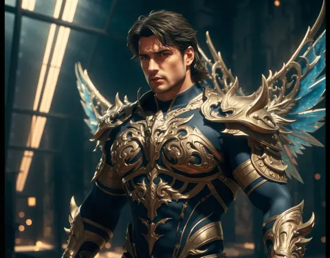 Ornate gold armored knight — Ornate gold armored knight. An imaginative character study with distinctive materials, expressive posture and cinematic lighting. Create a new…