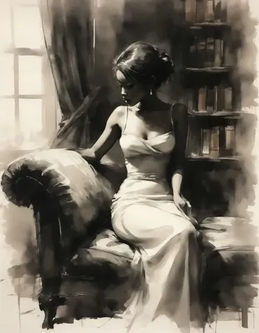 Monochrome seated woman painting — Monochrome seated woman painting. Expressive illustration, harmonious colors, a clear focal point and carefully arranged details. Create a new…