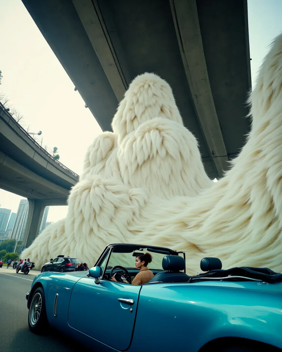 Surreal noodle wave and blue convertible — Surreal noodle wave and blue convertible. Expressive illustration, harmonious colors, a clear focal point and carefully arranged…