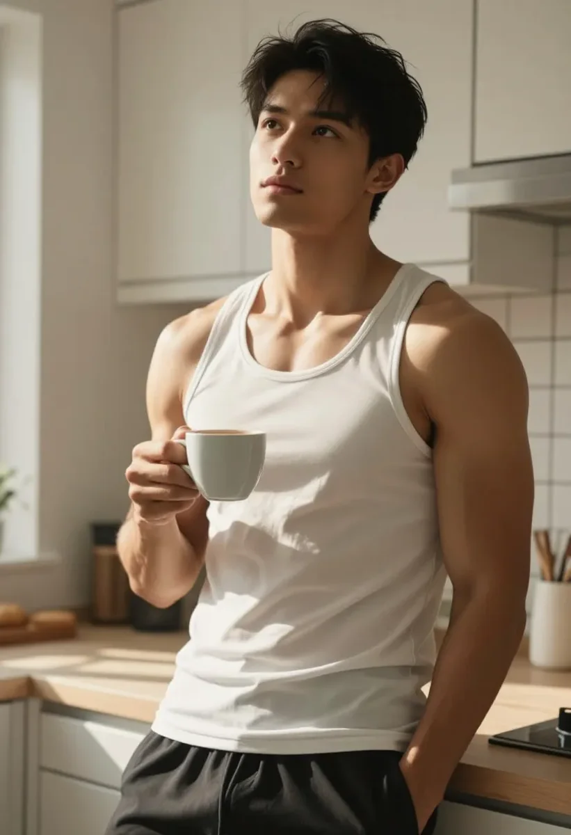 Morning coffee in a white shirt — Morning coffee in a white shirt. Natural photographic detail, balanced composition, expressive light and clear subject separation. Create a new…