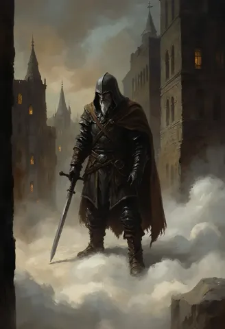 Armored traveler in a foggy city — Armored traveler in a foggy city. An imaginative character study with distinctive materials, expressive posture and cinematic lighting. Create…