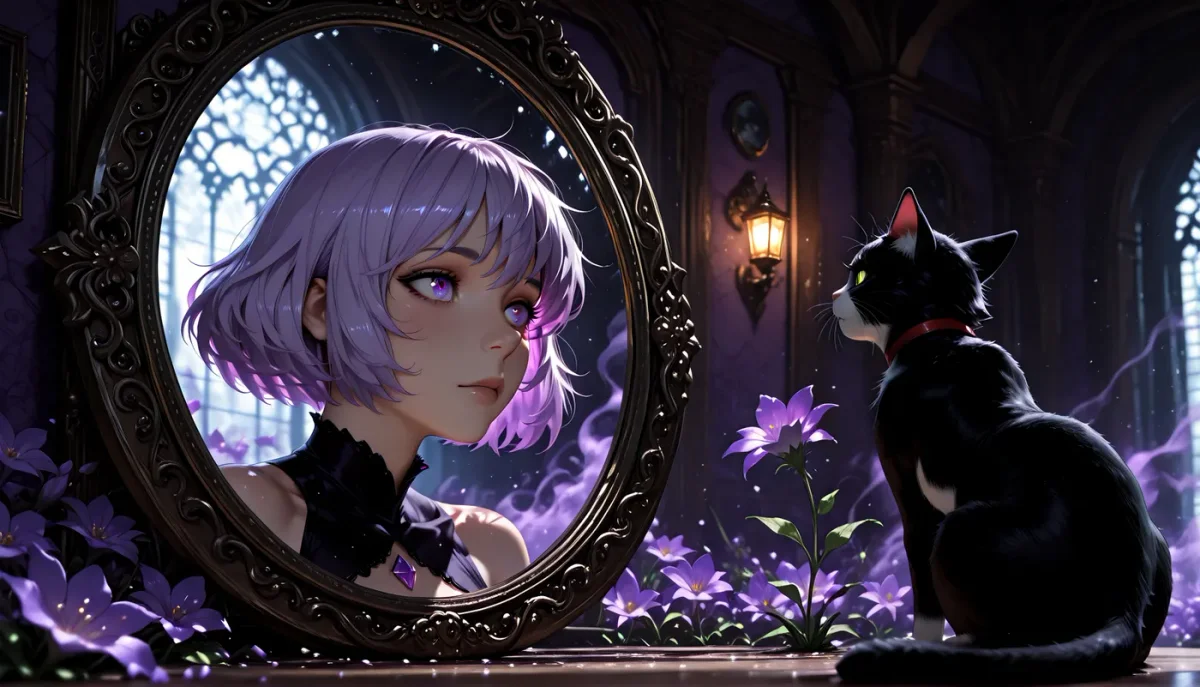 Magical mirror with a black cat — Magical mirror with a black cat. Expressive illustration, harmonious colors, a clear focal point and carefully arranged details. Create a new…