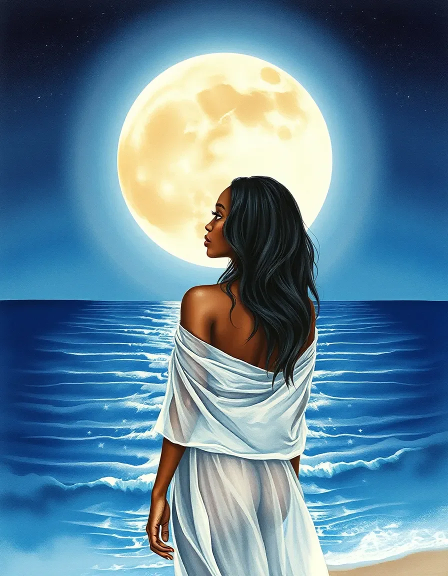 Full moon over a blue sea — Full moon over a blue sea. Expressive illustration, harmonious colors, a clear focal point and carefully arranged details. Create a new…