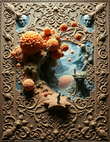 Ornate framed miniature fantasy world — Ornate framed miniature fantasy world. Expressive illustration, harmonious colors, a clear focal point and carefully arranged details.…