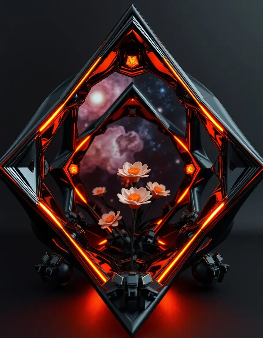Glowing geometric floral display — Glowing geometric floral display. A carefully composed still life with clear material textures, controlled lighting and a clean focal point.…