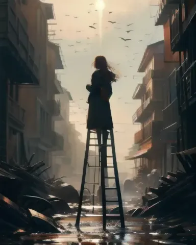 Ladder reaching above a ruined street — Ladder reaching above a ruined street. Expressive illustration, harmonious colors, a clear focal point and carefully arranged details.…