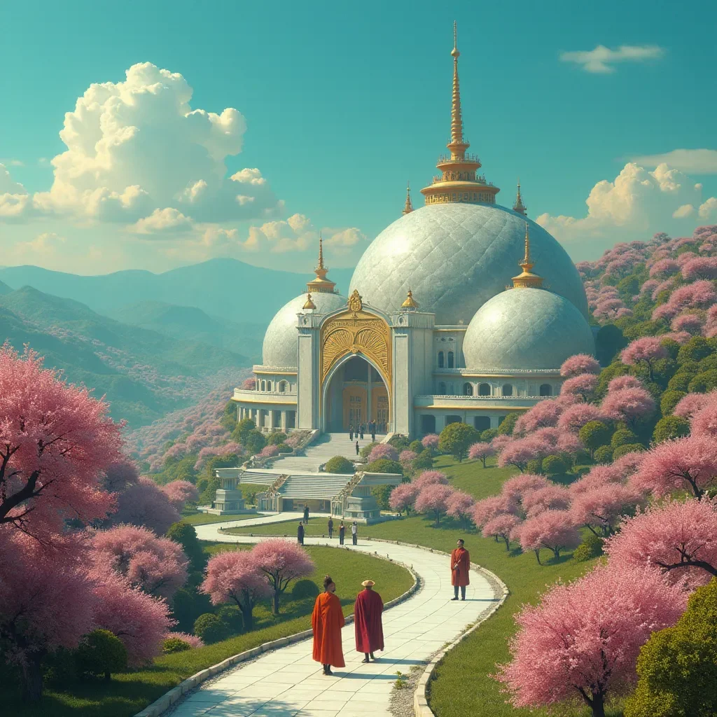 Pastel domes in the mountains — Pastel domes in the mountains. An atmospheric environment with layered depth, coherent lighting and rich environmental detail. Create a new…