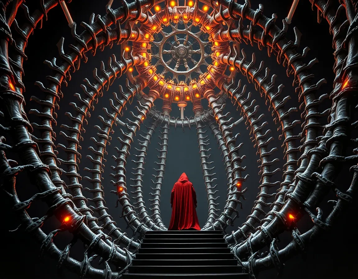 Red traveler in a mechanical tunnel — Red traveler in a mechanical tunnel. An atmospheric environment with layered depth, coherent lighting and rich environmental detail. Create…