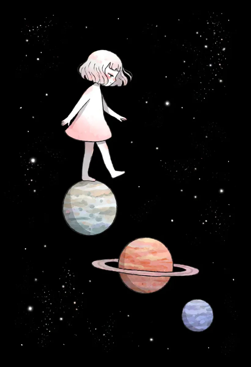 Walking on planets — A tiny illustrated girl balancing on miniature planets in a black star field, simple pale pink dress and whimsical mood.
