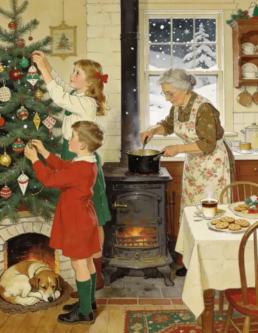 Vintage family Christmas illustration — Vintage family Christmas illustration. Expressive illustration, harmonious colors, a clear focal point and carefully arranged details.…