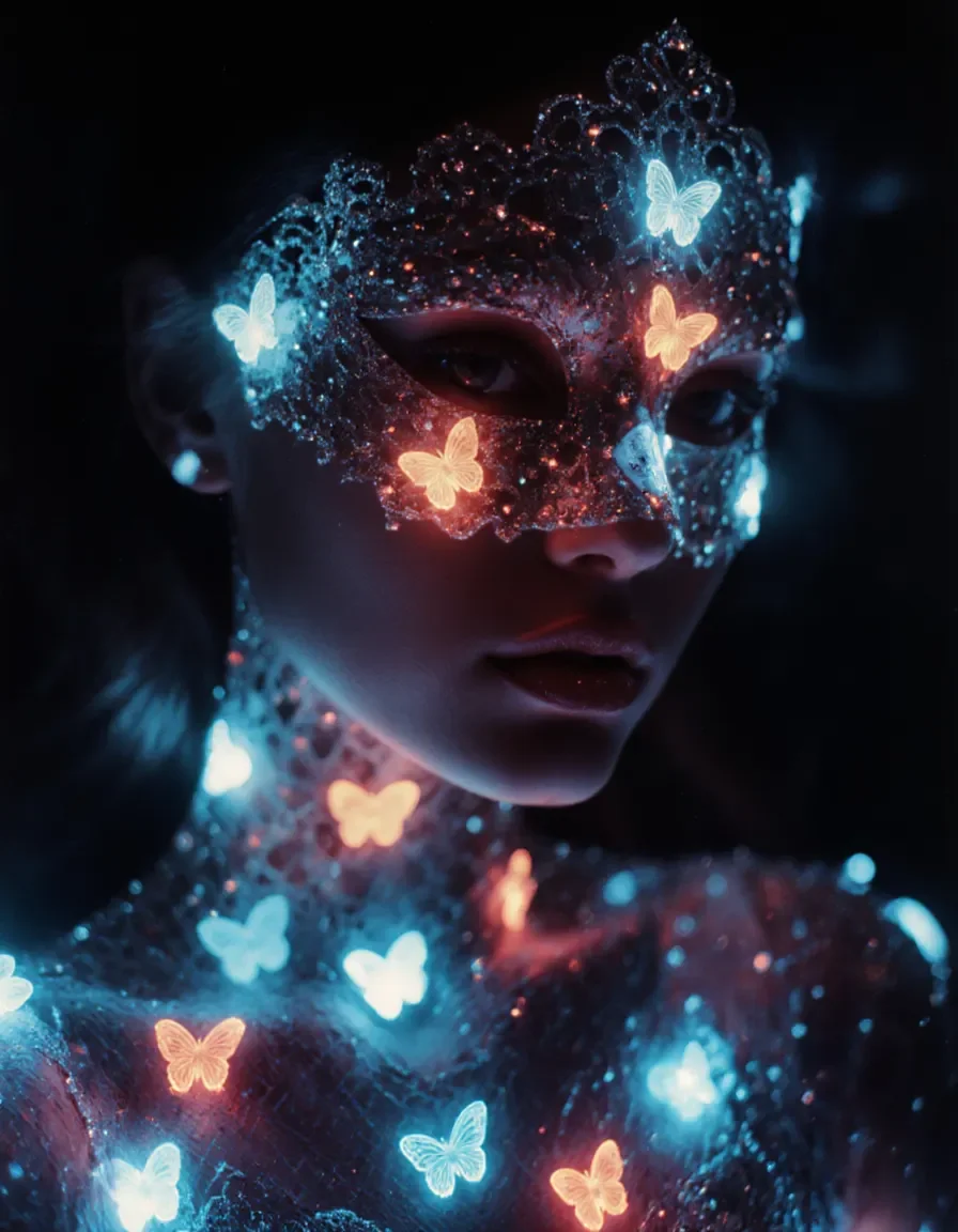 Butterfly light portrait — A dark portrait covered in glowing blue and orange butterflies, delicate glitter and deep midnight shadows.