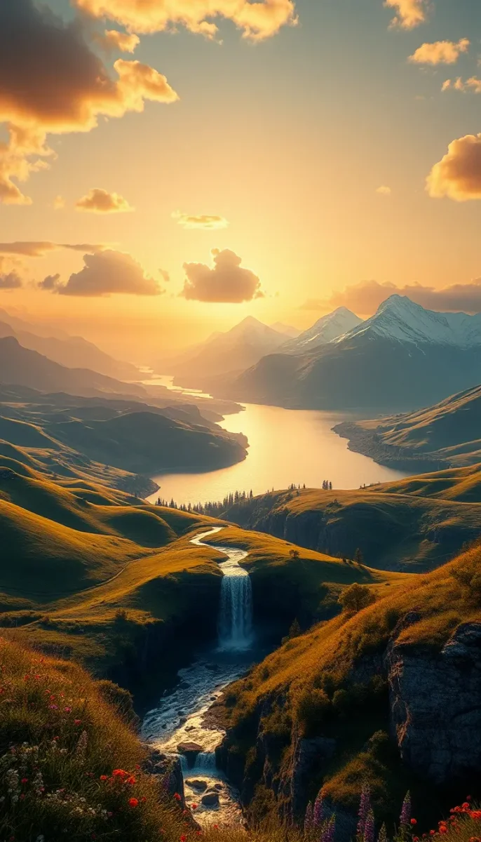 Golden river through mountain hills — Golden river through mountain hills. An atmospheric environment with layered depth, coherent lighting and rich environmental detail. Create…