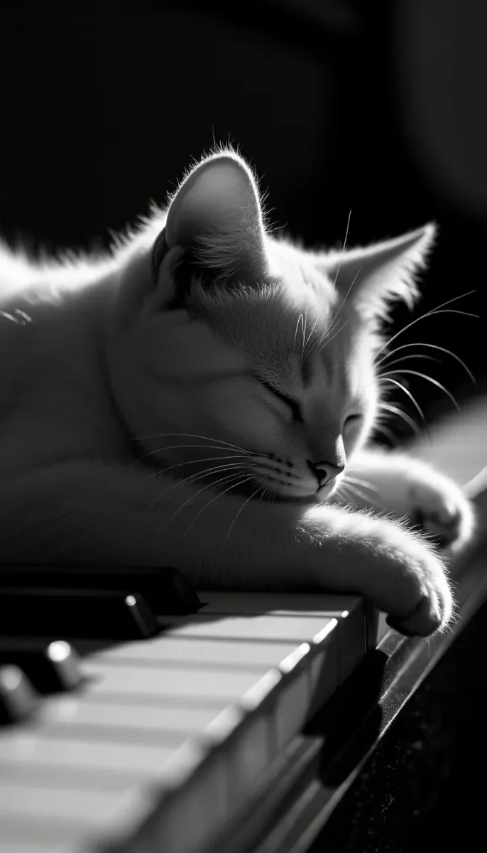 Sleeping kitten at the piano — Sleeping kitten at the piano. An expressive animal portrait, detailed fur or surface texture, a clear focal point and harmonious surroundings.…