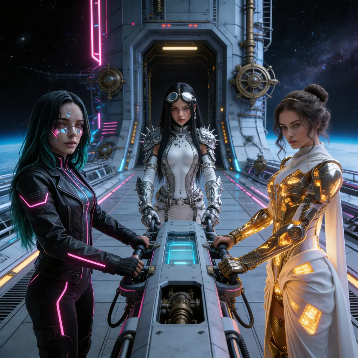 Futuristic team in a control room — Futuristic team in a control room. An imaginative character study with distinctive materials, expressive posture and cinematic lighting.…