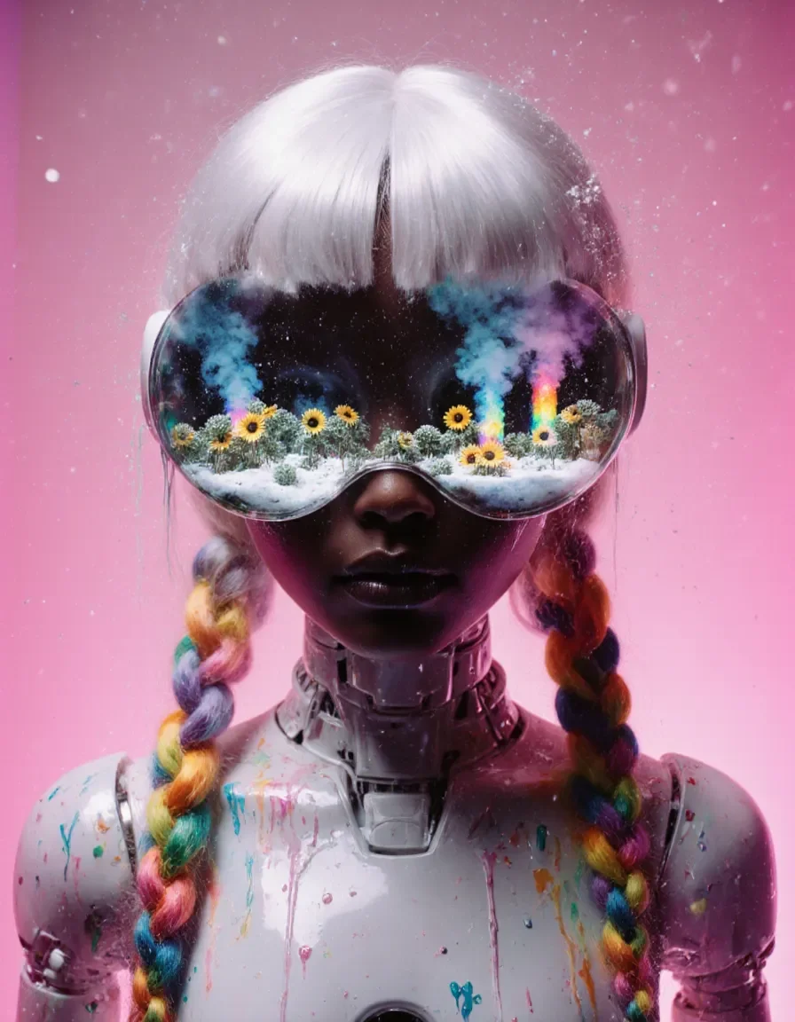 Dream visor — A futuristic figure with pastel braids and a giant reflective visor containing tiny flowers, pink studio background.