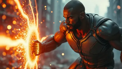 Futuristic warrior with fiery light — Futuristic warrior with fiery light. An imaginative character study with distinctive materials, expressive posture and cinematic lighting.…