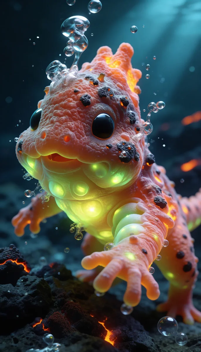 Bubble salamander — A tiny orange fantasy salamander underwater with glowing green belly and floating bubbles, vivid macro detail.