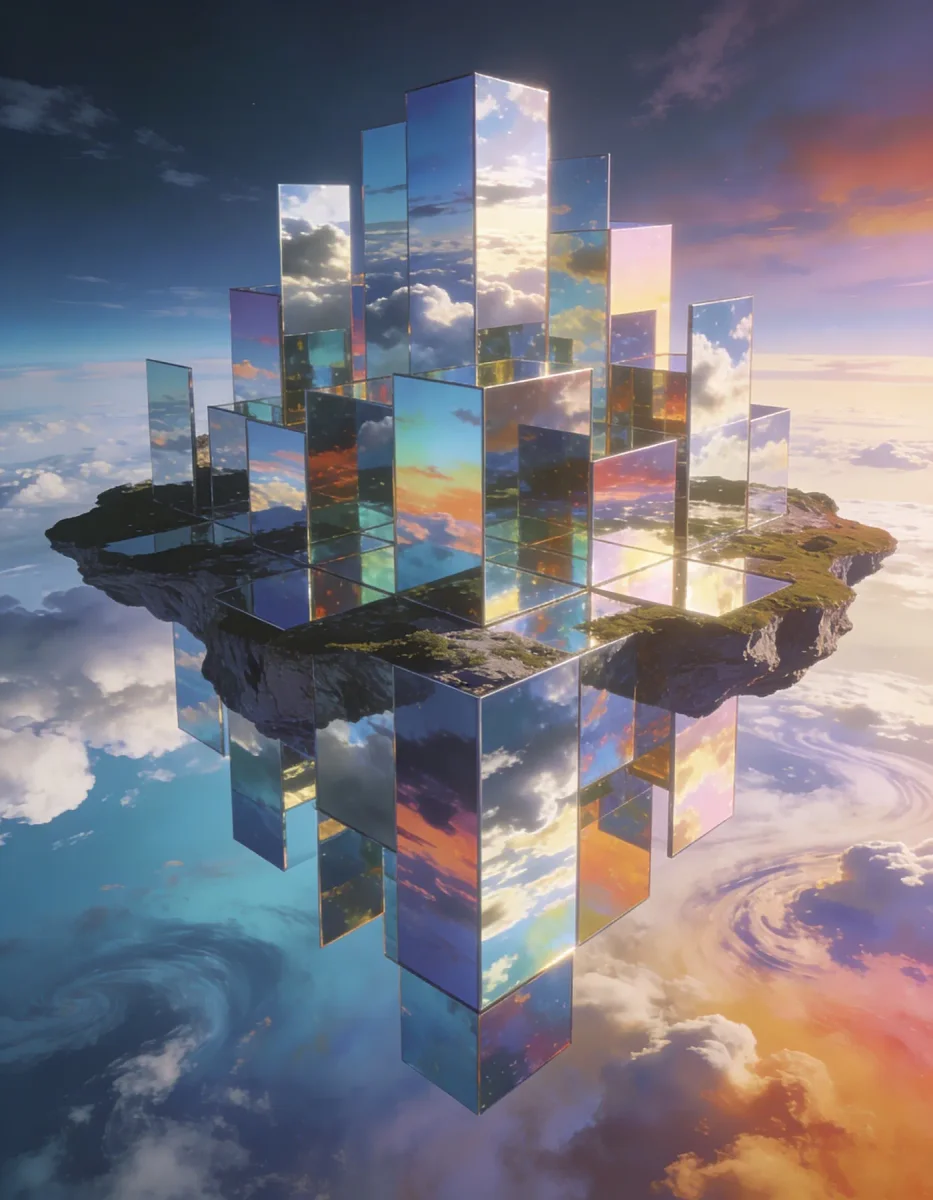 Mirrored towers above the clouds — Mirrored towers above the clouds. An atmospheric environment with layered depth, coherent lighting and rich environmental detail. Create a new…