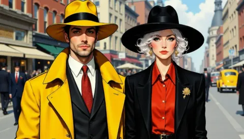 Fashion couple in contrasting hats — Fashion couple in contrasting hats. Expressive illustration, harmonious colors, a clear focal point and carefully arranged details. Create a…
