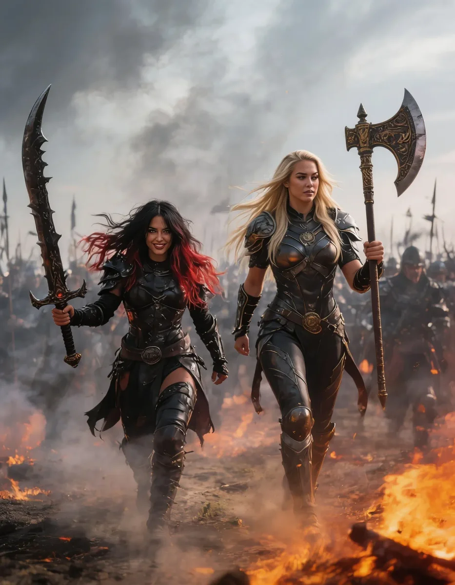 Two warriors in a smoky landscape — Two warriors in a smoky landscape. An imaginative character study with distinctive materials, expressive posture and cinematic lighting.…