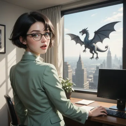 Office window with a flying dragon — Office window with a flying dragon. Expressive illustration, harmonious colors, a clear focal point and carefully arranged details. Create a…