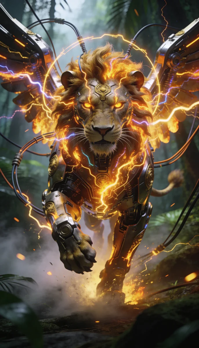 Mechanical lion and lightning — Mechanical lion and lightning. An imaginative character study with distinctive materials, expressive posture and cinematic lighting. Create a new…