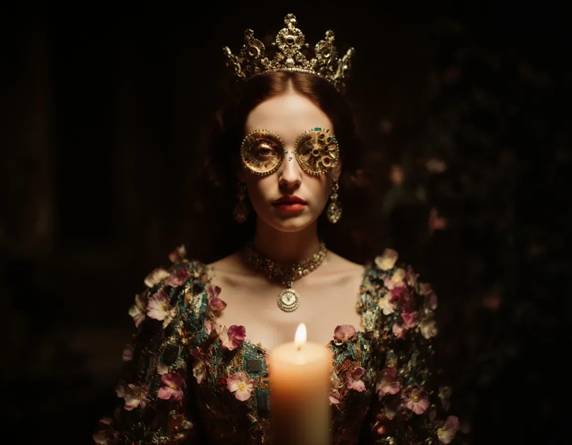 Candlelit crown — A regal portrait with a delicate golden crown and ornate spectacles, floral embroidered clothing, a candle in the foreground, rich dark background and warm…