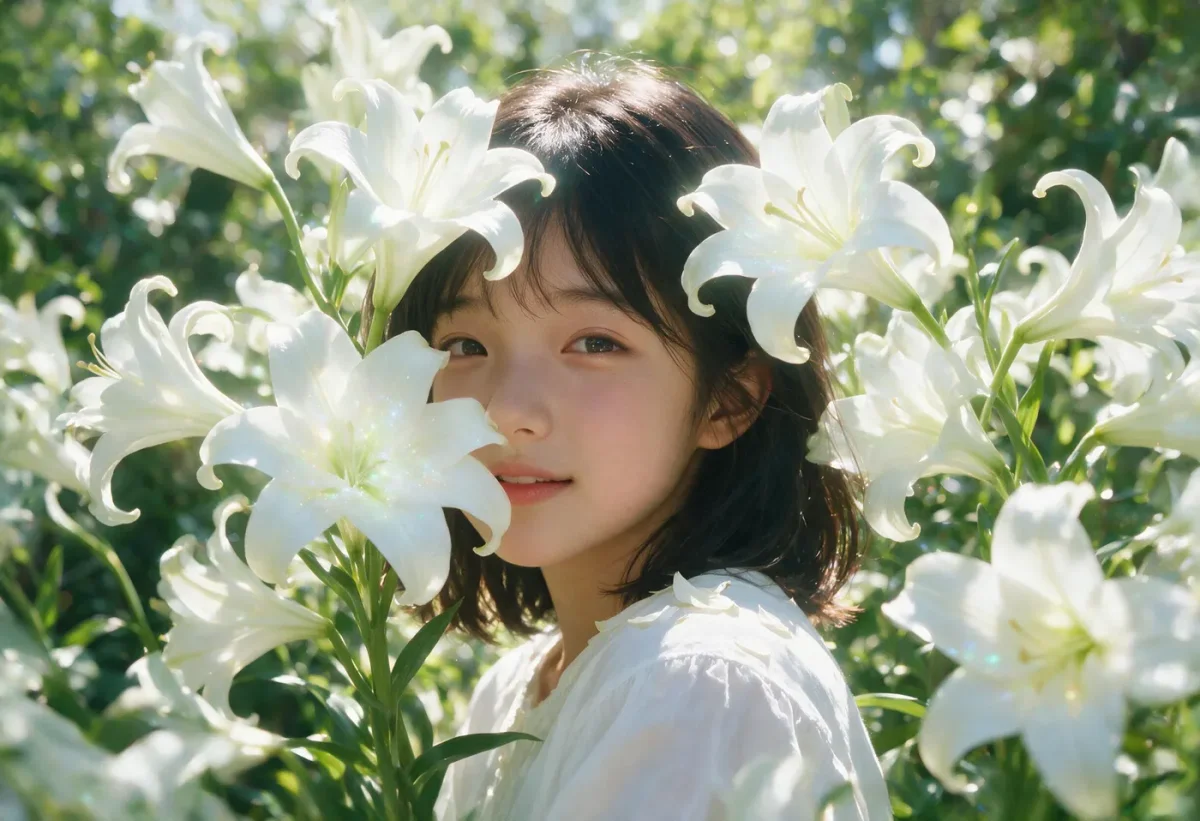 Among white lilies — A sunlit portrait surrounded by blooming white lilies and green foliage, fresh natural colors.