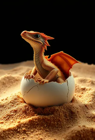 Baby dragon hatching from an egg — Baby dragon hatching from an egg. An imaginative character study with distinctive materials, expressive posture and cinematic lighting. Create…
