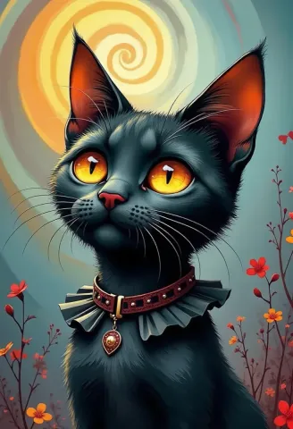 Black cat under a spiral moon — Black cat under a spiral moon. An expressive animal portrait, detailed fur or surface texture, a clear focal point and harmonious surroundings.…