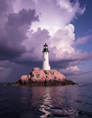 Lavender lighthouse — A white lighthouse on a rocky island under towering lavender storm clouds, calm reflective sea.